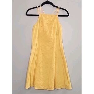 Y2K Hollister Women Small Eyelet Yellow Mini Dress Cottagecore Festival Beach 90
